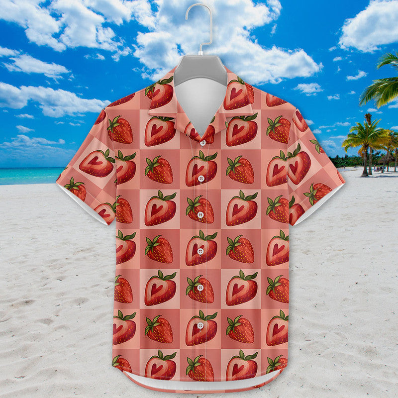 Strawberry Hawaiian Shirt - Unisex Pink Grid Shirt with Cute Heart-Shaped Berries