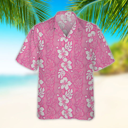 Hibiscus Hawaiian Shirt - Unisex Pink Shirt with White Flowers & Tribal Floral Pattern