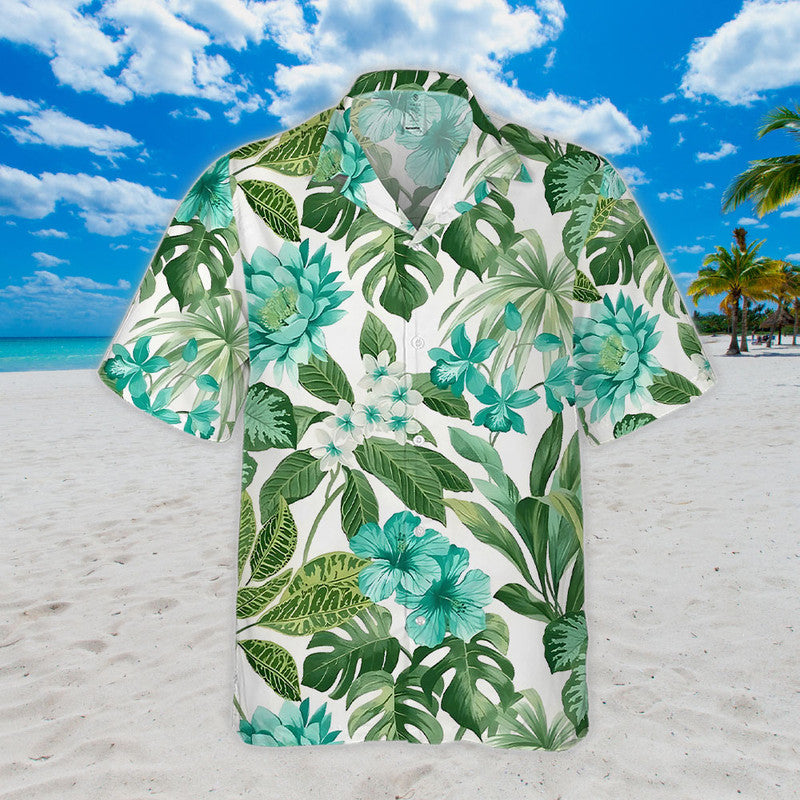 Hibiscus Hawaiian Shirt - Unisex White Shirt with Aqua Flowers & Green Jungle Leaves