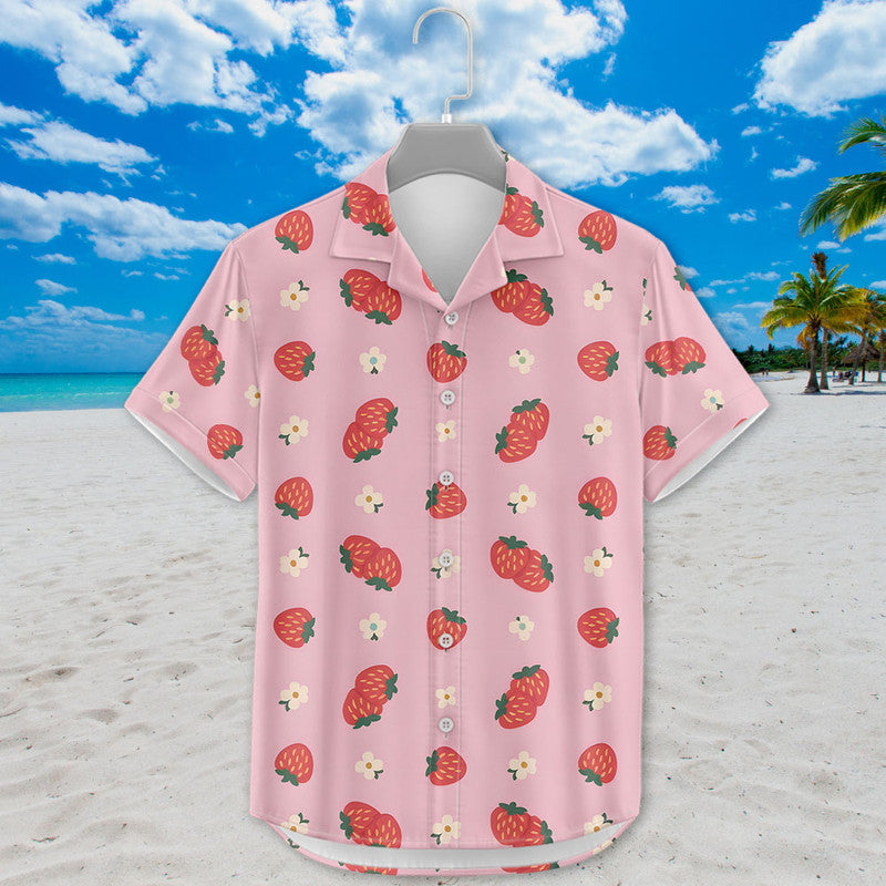 Strawberry Hawaiian Shirt - Cute Pink Unisex Shirt with Red Berries & White Flowers