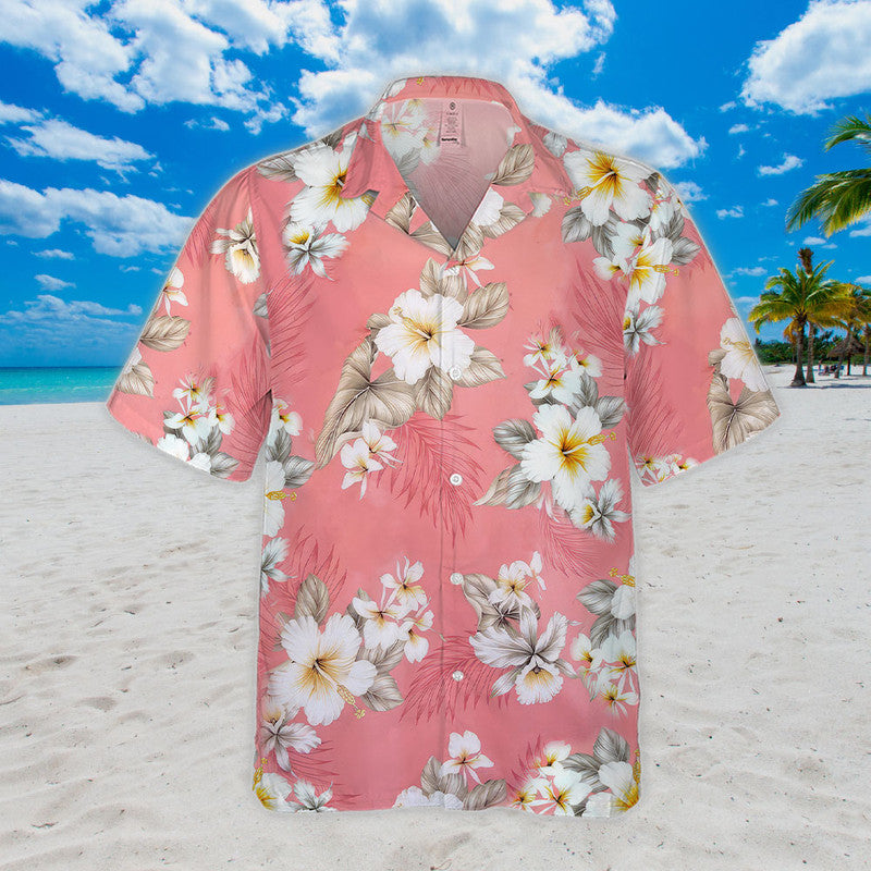 Hibiscus Hawaiian Shirt - Unisex Pink Shirt with White & Yellow Tropical Flowers