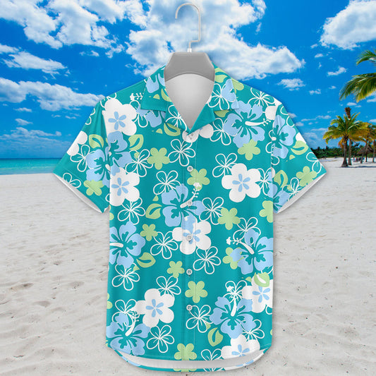 Hibiscus Hawaiian Shirt - Unisex Teal Shirt with White & Blue Tropical Floral Pattern