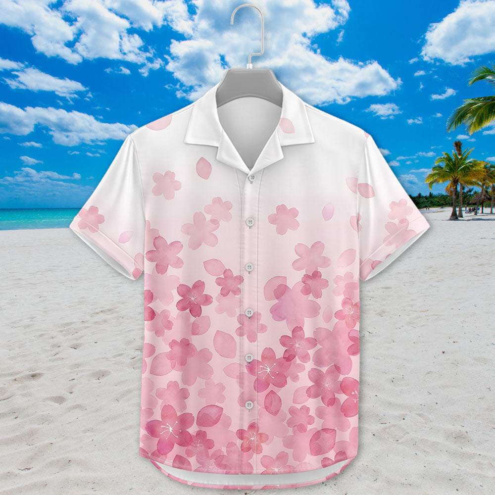Sakura Hawaiian Shirt - Unisex White & Pink Gradient Shirt with Cherry Blossom Design