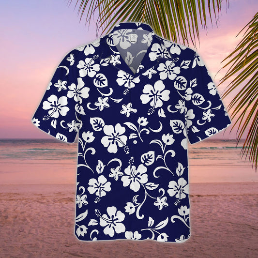 Hibiscus Hawaiian Shirt - Unisex Navy Blue Shirt with Classic White Floral Pattern