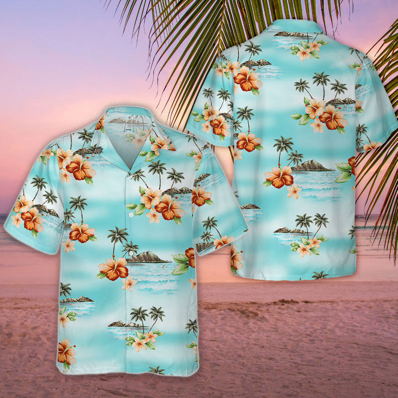 Hibiscus Hawaiian Shirt - Unisex Aqua Blue Shirt with Orange Flowers & Island Beach Scene