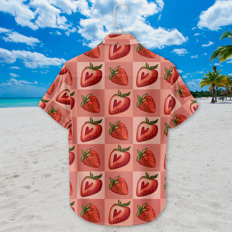 Strawberry Hawaiian Shirt - Unisex Pink Grid Shirt with Cute Heart-Shaped Berries