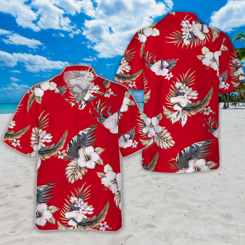 Hibiscus Hawaiian Shirt - Unisex Red Shirt with White Flowers & Tropical Leaf Print