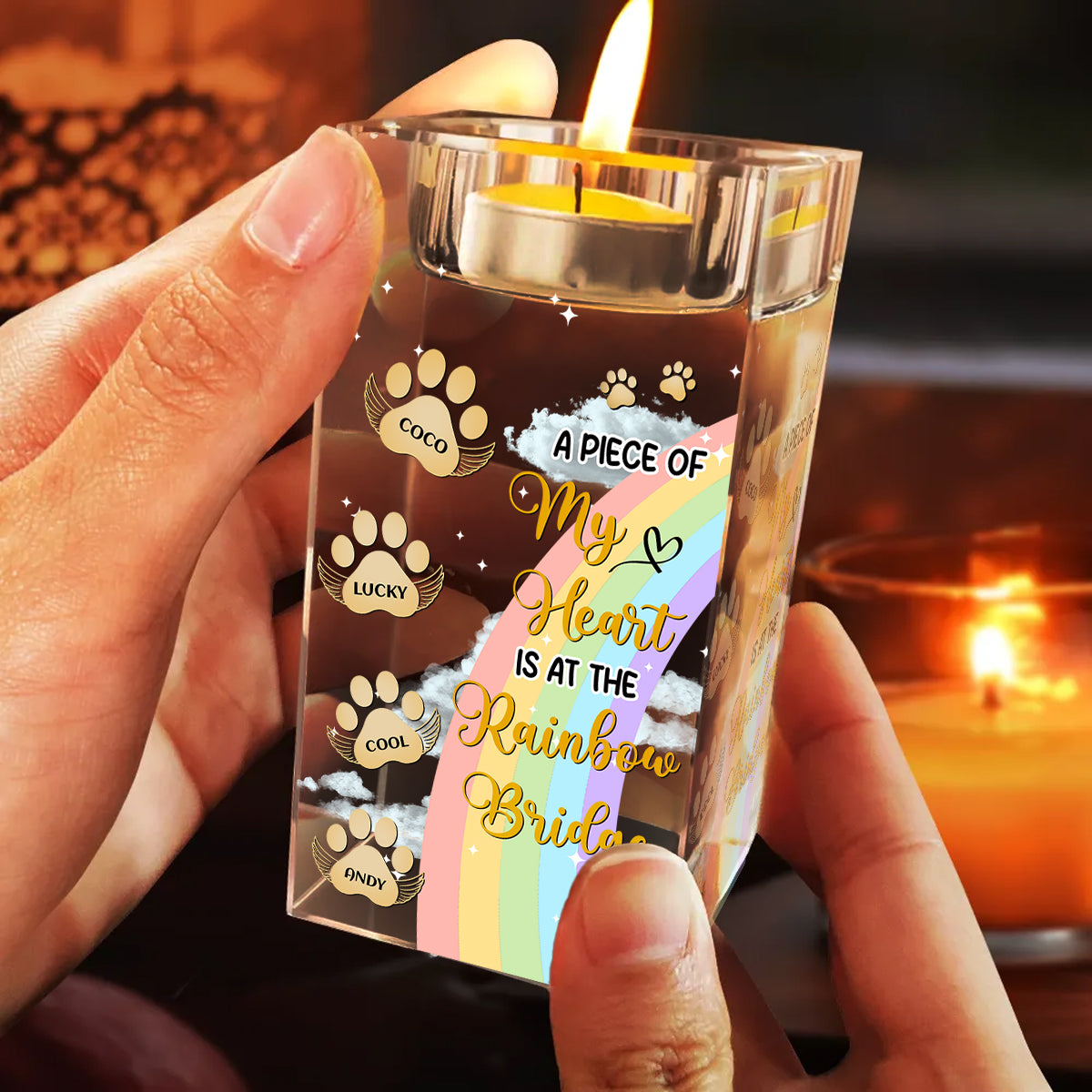 I Crossed The Rainbow Bridge Memorial Pet - Memorial Gifts - Personalized Crystal Candle Holder