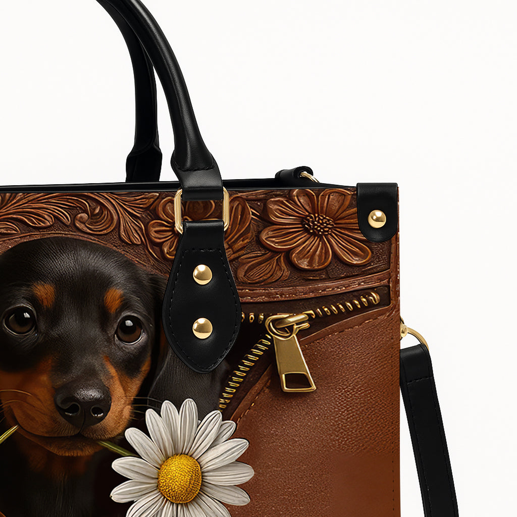 Dachshund Lover Handbag - Dog Mom Purse with Floral Tooled Leather & Adorable Puppy