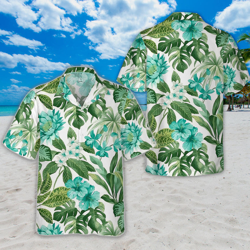 Hibiscus Hawaiian Shirt - Unisex White Shirt with Aqua Flowers & Green Jungle Leaves