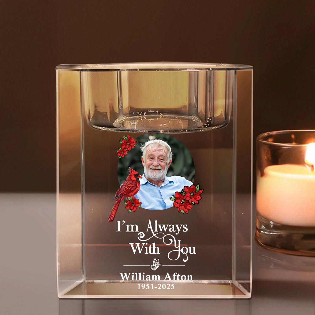 In Loving Memory I Am Always With You Cardinal - Memorial Gifts - Personalized Crystal Candle Holder