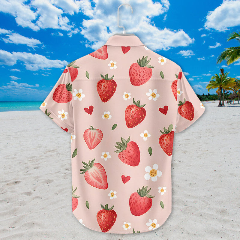 Strawberry Hawaiian Shirt - Unisex Pink Shirt with Cute Red Berries & Floral Pattern