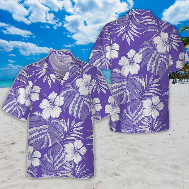 Hibiscus Hawaiian Shirt - Unisex Purple Shirt with White Flowers & Tropical Leaves