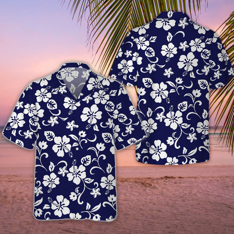Hibiscus Hawaiian Shirt - Unisex Navy Blue Shirt with Classic White Floral Pattern