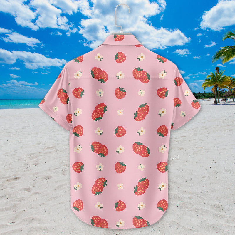 Strawberry Hawaiian Shirt - Cute Pink Unisex Shirt with Red Berries & White Flowers