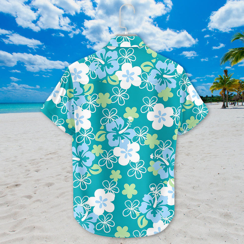 Hibiscus Hawaiian Shirt - Unisex Teal Shirt with White & Blue Tropical Floral Pattern