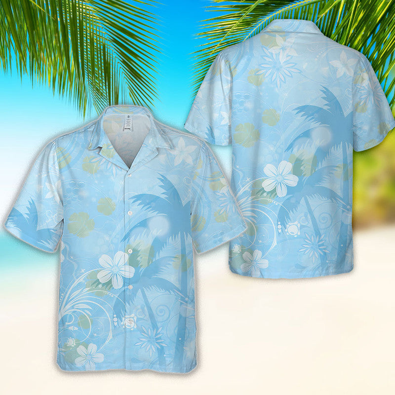 Hibiscus Hawaiian Shirt - Unisex Light Blue Shirt with Subtle Tropical Palm & Floral Design