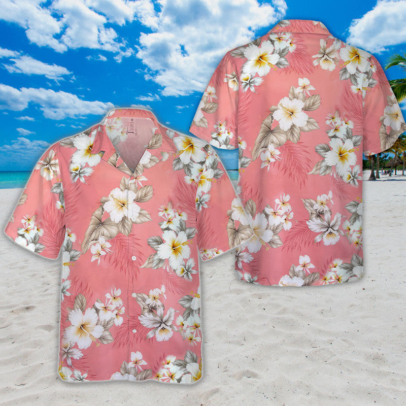 Hibiscus Hawaiian Shirt - Unisex Pink Shirt with White & Yellow Tropical Flowers