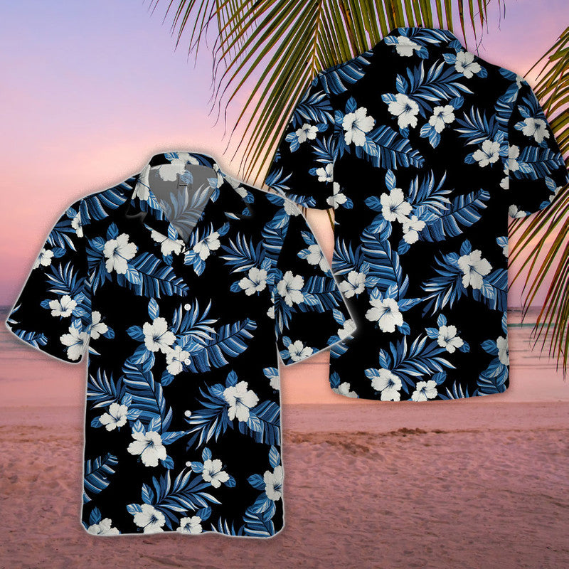 Hibiscus Hawaiian Shirt - Unisex Black Shirt with White Flowers & Blue Tropical Leaves