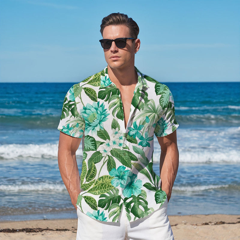 Hibiscus Hawaiian Shirt - Unisex White Shirt with Aqua Flowers & Green Jungle Leaves