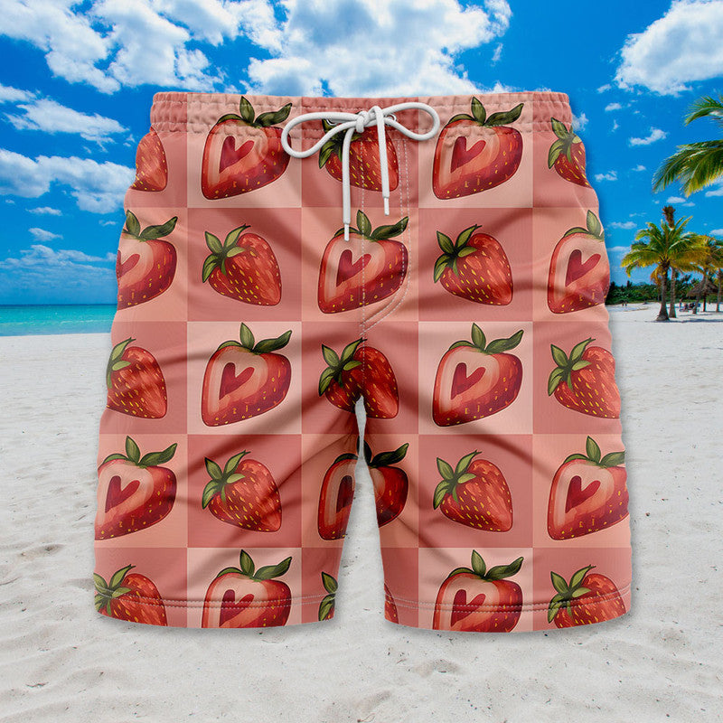 Strawberry Hawaiian Shirt - Unisex Pink Grid Shirt with Cute Heart-Shaped Berries
