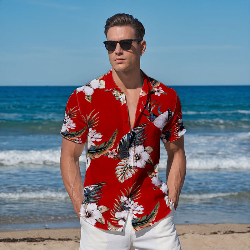Hibiscus Hawaiian Shirt - Unisex Red Shirt with White Flowers & Tropical Leaf Print