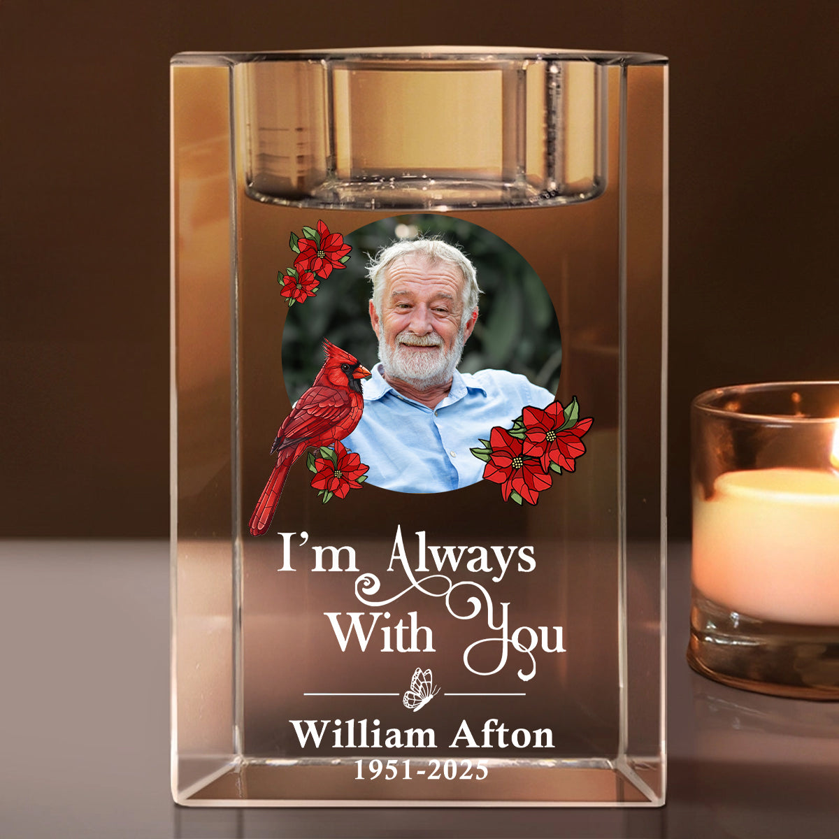 In Loving Memory I Am Always With You Cardinal - Memorial Gifts - Personalized Crystal Candle Holder