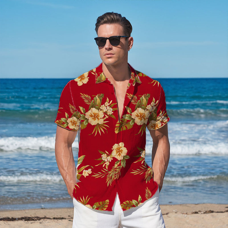 Hibiscus Hawaiian Shirt - Unisex Red Shirt with Yellow Flowers & Tropical Leaf Design