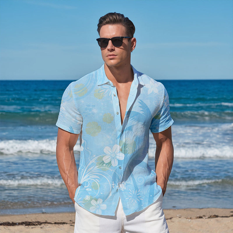 Hibiscus Hawaiian Shirt - Unisex Light Blue Shirt with Subtle Tropical Palm & Floral Design