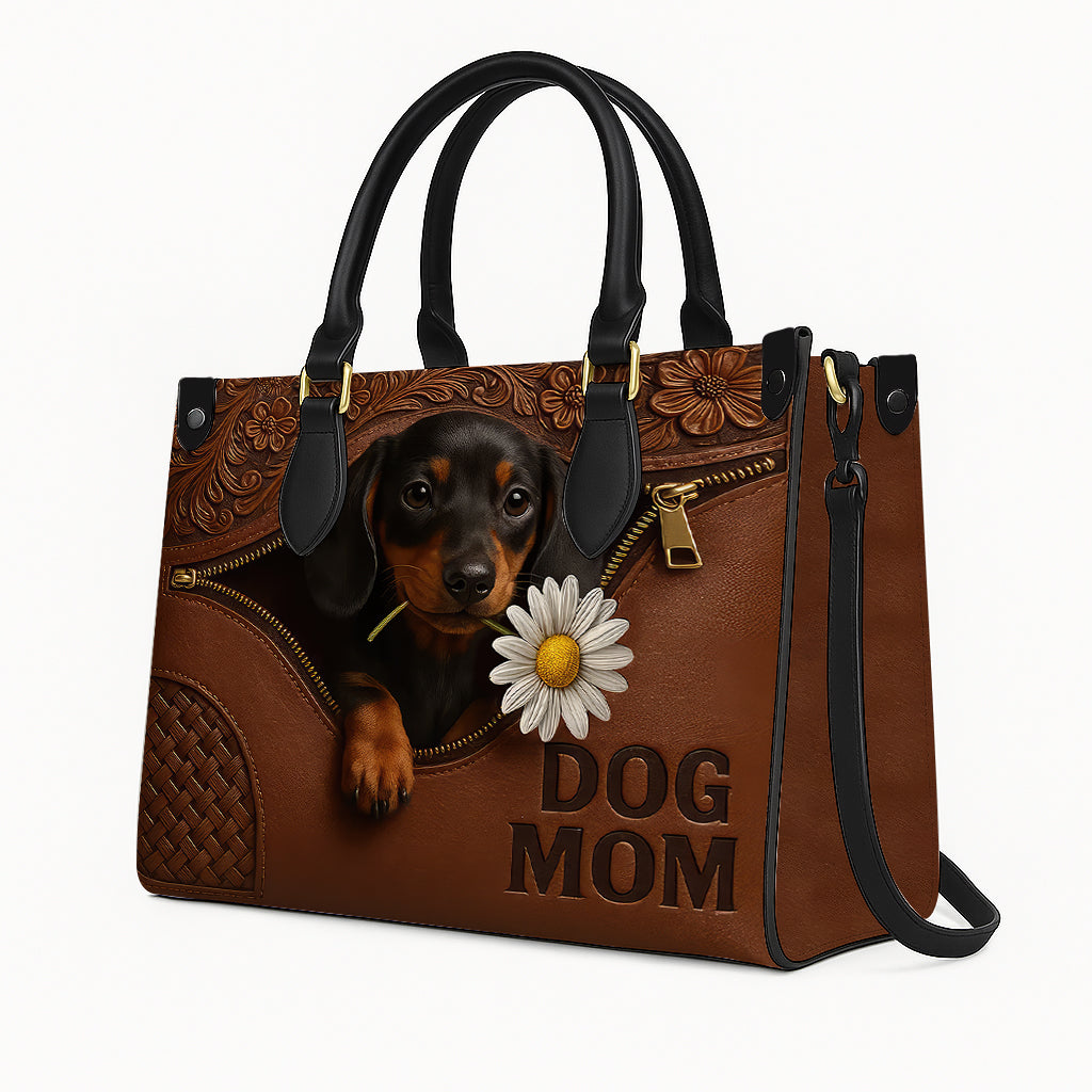 Dachshund Lover Handbag - Dog Mom Purse with Floral Tooled Leather & Adorable Puppy