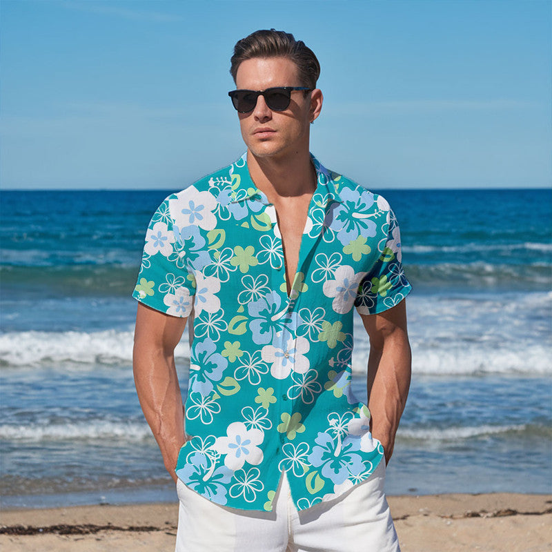 Hibiscus Hawaiian Shirt - Unisex Teal Shirt with White & Blue Tropical Floral Pattern