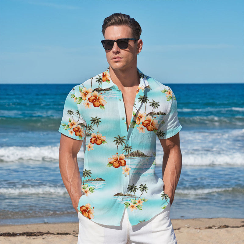 Hibiscus Hawaiian Shirt - Unisex Aqua Blue Shirt with Orange Flowers & Island Beach Scene