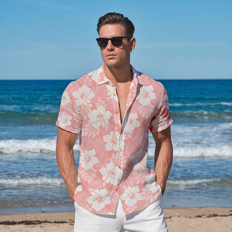 Hibiscus Hawaiian Shirt - Unisex Pastel Pink Shirt with White Floral & Leaf Pattern