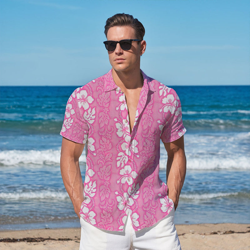 Hibiscus Hawaiian Shirt - Unisex Pink Shirt with White Flowers & Tribal Floral Pattern