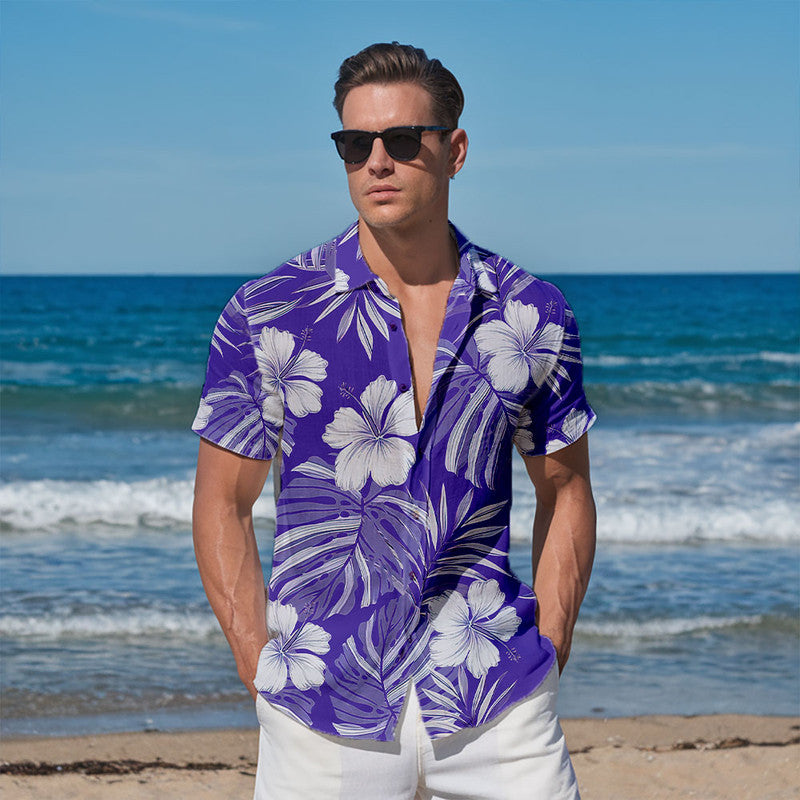 Hibiscus Hawaiian Shirt - Unisex Purple Shirt with White Flowers & Tropical Leaves
