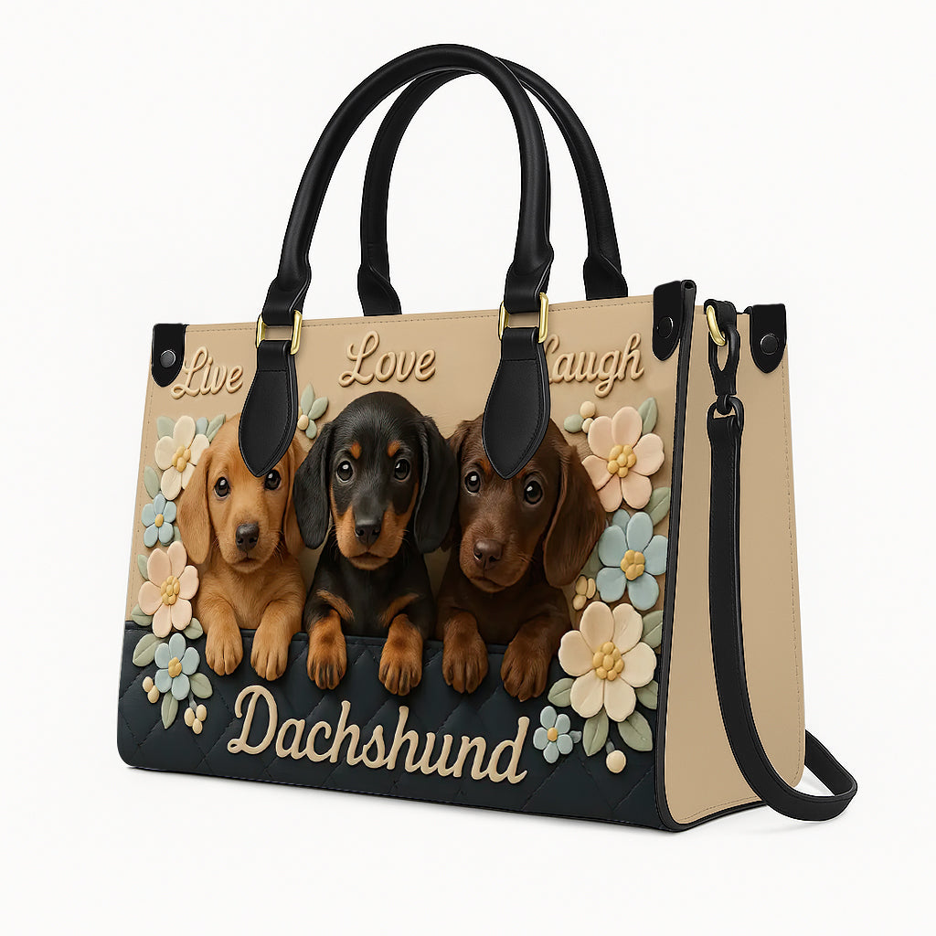 Dachshund Handbag – Live Love Laugh Tote Bag with 3D Flowers and Cute Dachshund Puppies