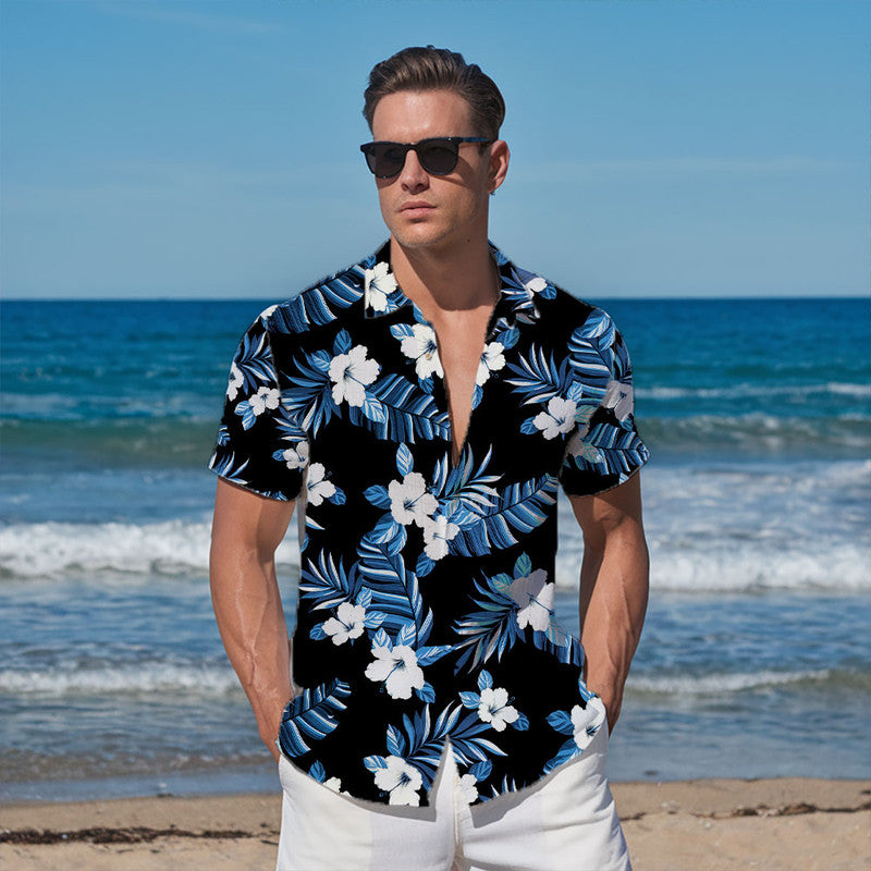 Hibiscus Hawaiian Shirt - Unisex Black Shirt with White Flowers & Blue Tropical Leaves