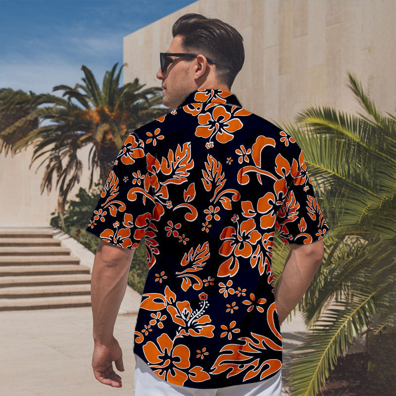 Hibiscus Hawaiian Shirt - Bold Orange Floral Pattern on Black for Unisex