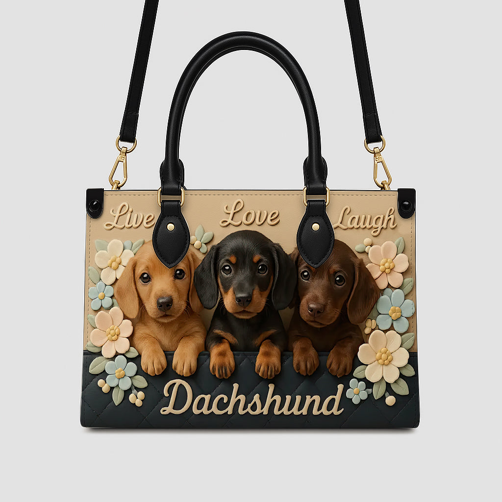 Dachshund Handbag – Live Love Laugh Tote Bag with 3D Flowers and Cute Dachshund Puppies