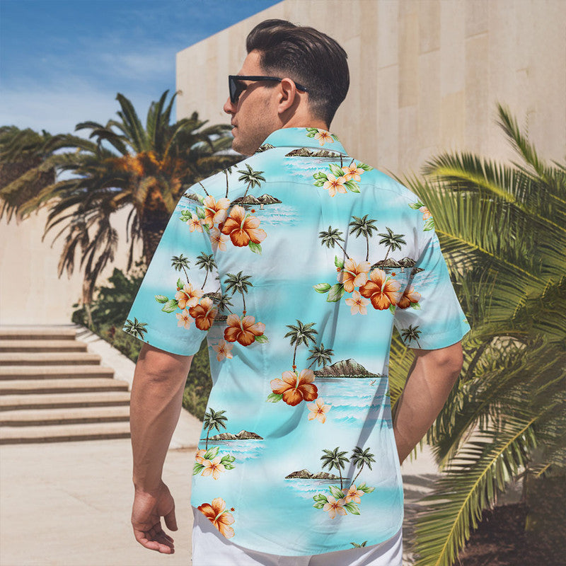Hibiscus Hawaiian Shirt - Unisex Aqua Blue Shirt with Orange Flowers & Island Beach Scene
