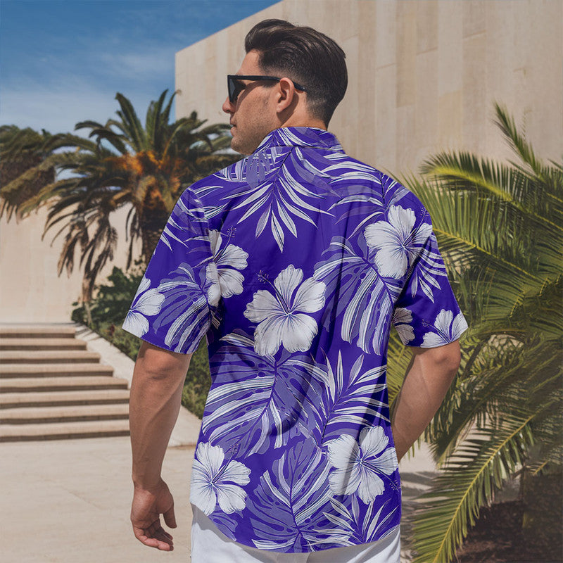 Hibiscus Hawaiian Shirt - Unisex Purple Shirt with White Flowers & Tropical Leaves