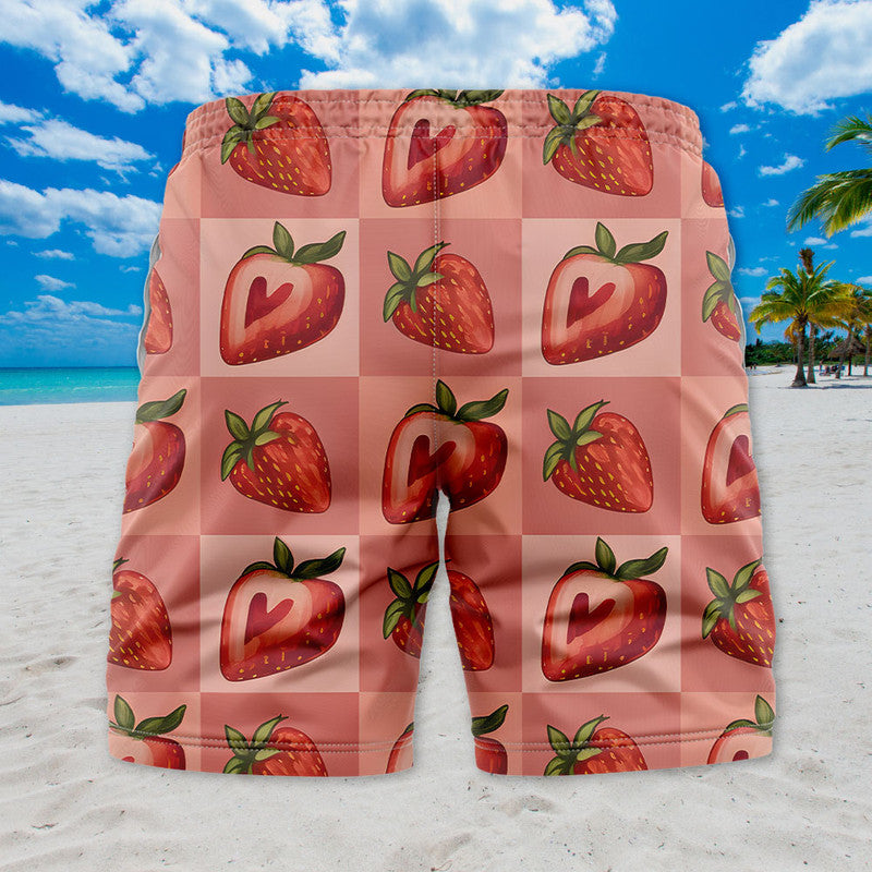 Strawberry Hawaiian Shirt - Unisex Pink Grid Shirt with Cute Heart-Shaped Berries