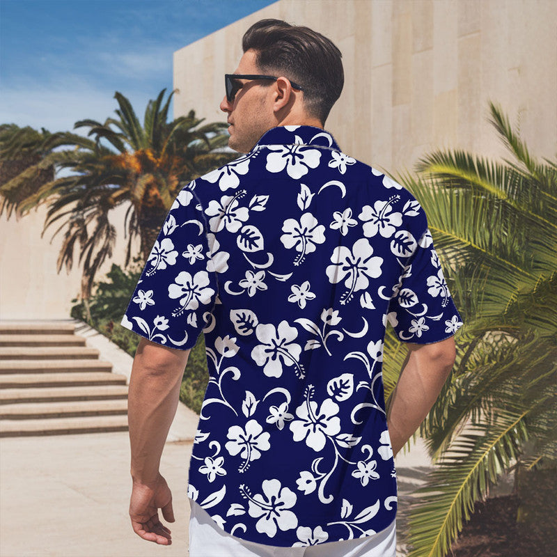 Hibiscus Hawaiian Shirt - Unisex Navy Blue Shirt with Classic White Floral Pattern