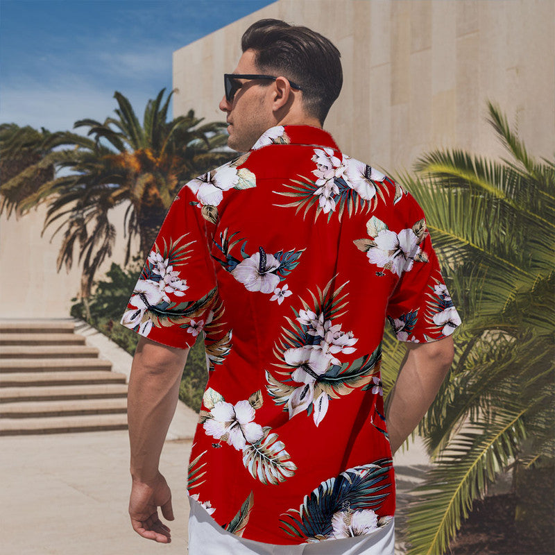 Hibiscus Hawaiian Shirt - Unisex Red Shirt with White Flowers & Tropical Leaf Print
