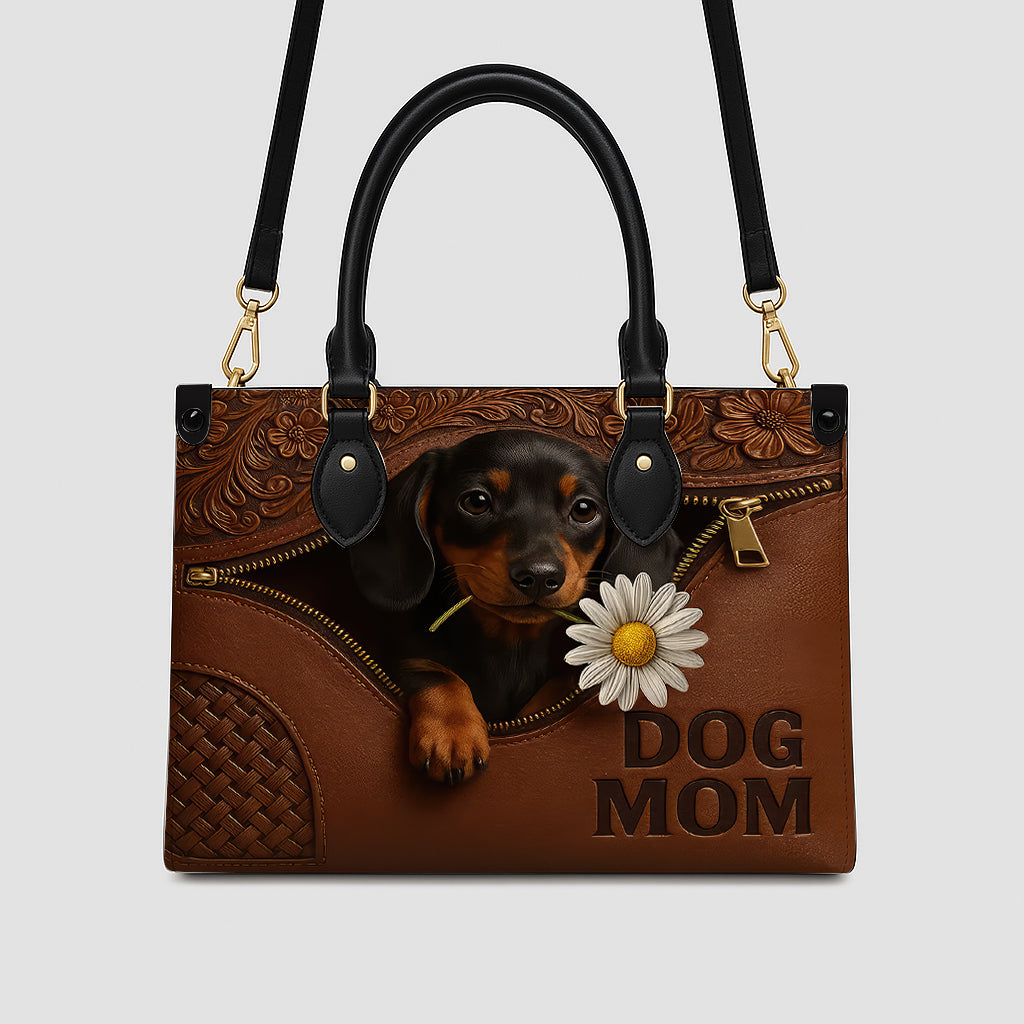 Dachshund Lover Handbag - Dog Mom Purse with Floral Tooled Leather & Adorable Puppy
