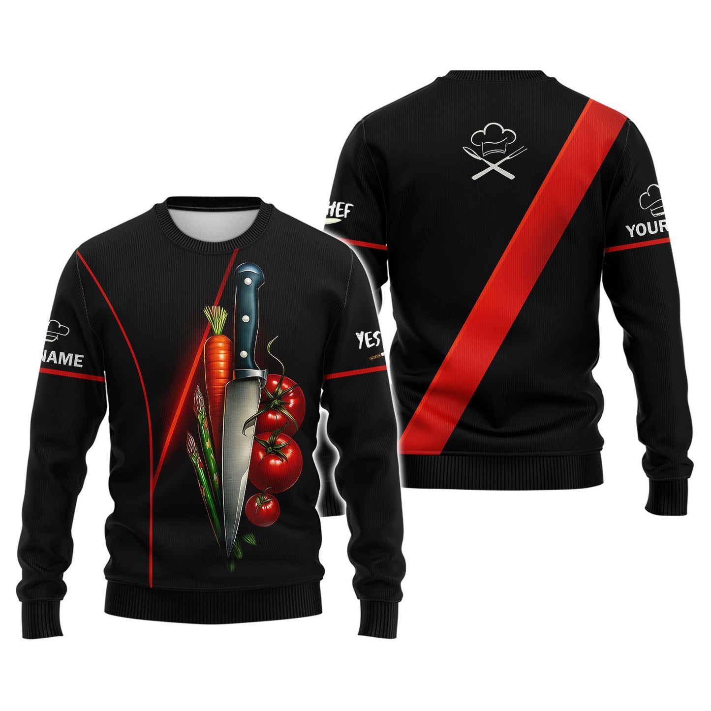 Personalized Chef T Shirt - Knife & Vegetables Cooking Design