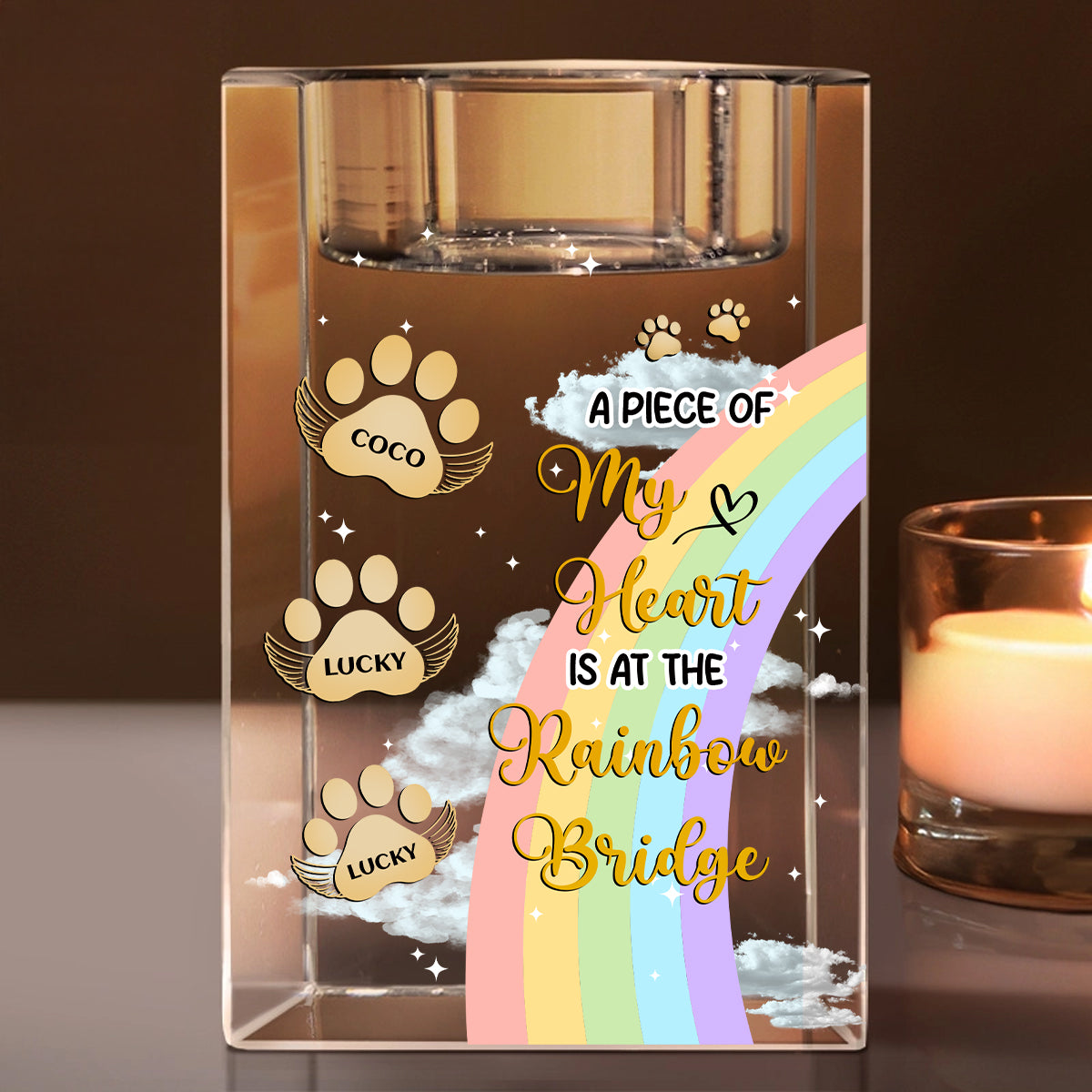 I Crossed The Rainbow Bridge Memorial Pet - Memorial Gifts - Personalized Crystal Candle Holder