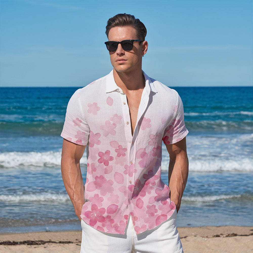 Sakura Hawaiian Shirt - Unisex White & Pink Gradient Shirt with Cherry Blossom Design
