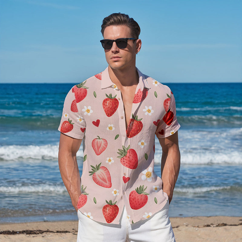 Strawberry Hawaiian Shirt - Unisex Pink Shirt with Cute Red Berries & Floral Pattern