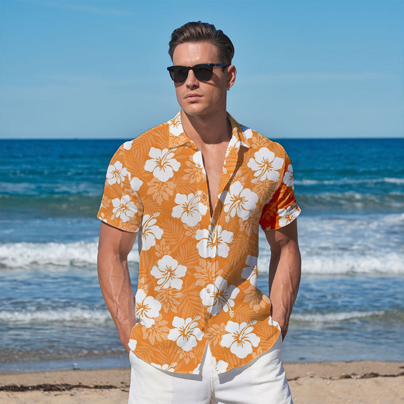 Hibiscus Hawaiian Shirt - Unisex Orange Shirt with White Tropical Flower Print